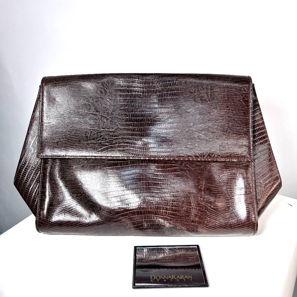 DONNA KARAN NY Vintage Brown Snake Skin Large clutch envelope with Mirror, Italy